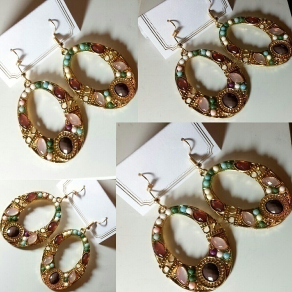 Beauty Beads & Mixed Gems Gold O Dangle Earrings